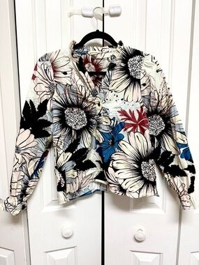 Maude Cream Blouse with Black, Brown & Blue Floral Accents